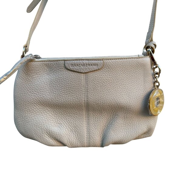 Isaac Mizrahi White Leather Crossbody Bag Gold Charm Tassel Accent